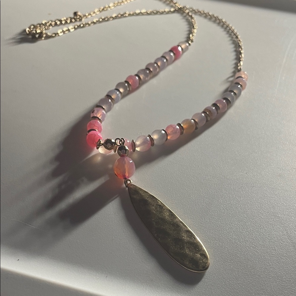 Gold Pendant Necklace with Pink Beads
